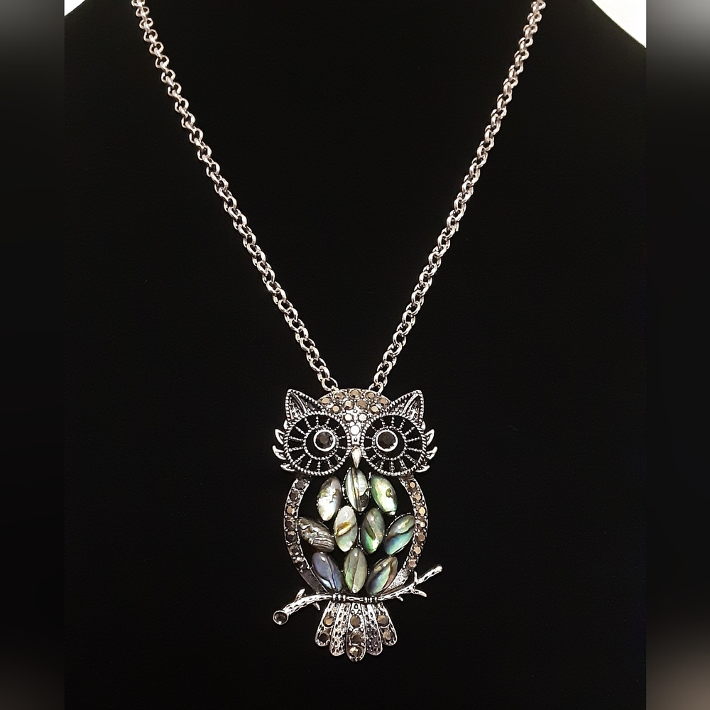 Handmade Owl Necklace Abalone And Marcosite Antique Silvertone Chain 19" Long
